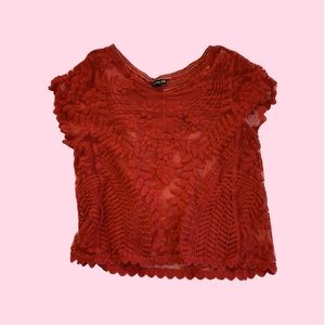 Express Women’s Red Floral Flowery with Leaves Sheer Top